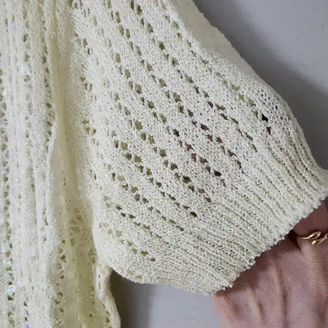 [BUNJANG] Pastel Yellow See-Through Sequin Short-Sleeve Knit / 파스텔 옐로우 시스루 스팽글 반팔 니트 새상품