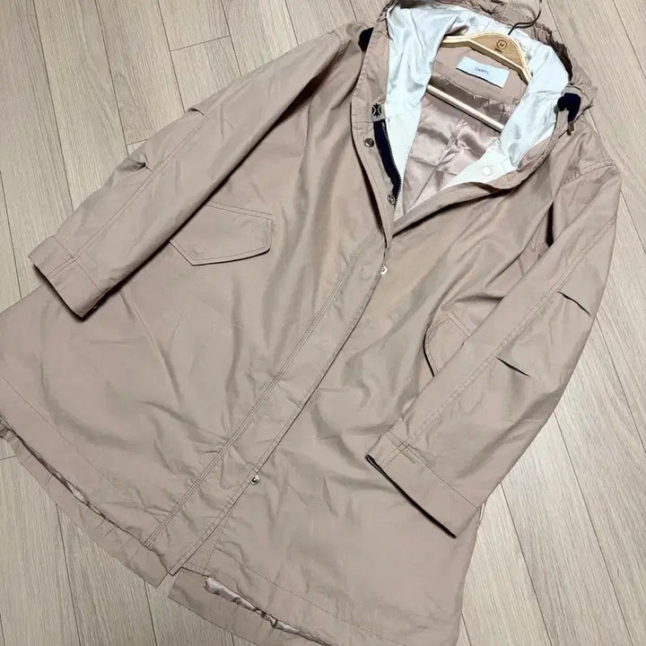 [BUNJANG] Duel Beige Safari Long Coat with Hood String / 듀엘 바스락 후드 스트링 야상 베이지 사파리 롱 코트 a라인 셔링 플레어