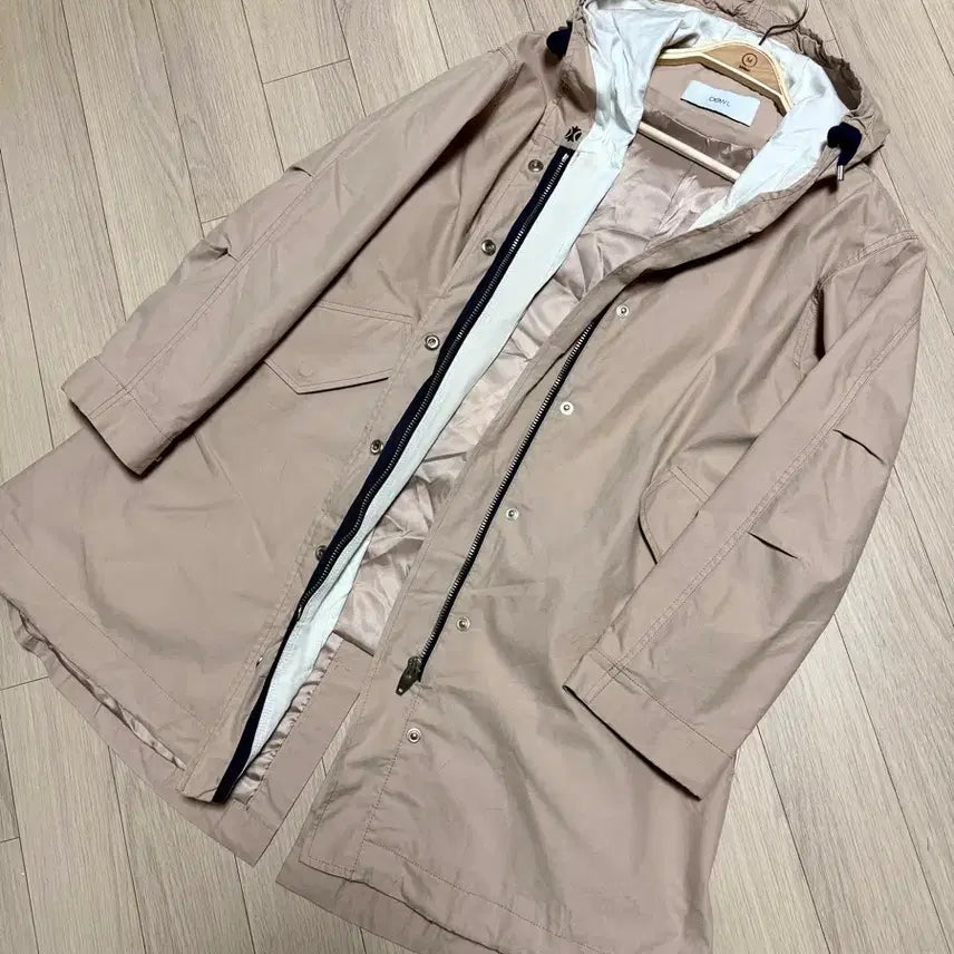 [BUNJANG] Duel Beige Safari Long Coat with Hood String / 듀엘 바스락 후드 스트링 야상 베이지 사파리 롱 코트 a라인 셔링 플레어