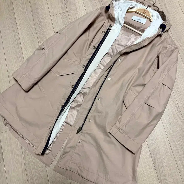 [BUNJANG] Duel Beige Safari Long Coat with Hood String / 듀엘 바스락 후드 스트링 야상 베이지 사파리 롱 코트 a라인 셔링 플레어