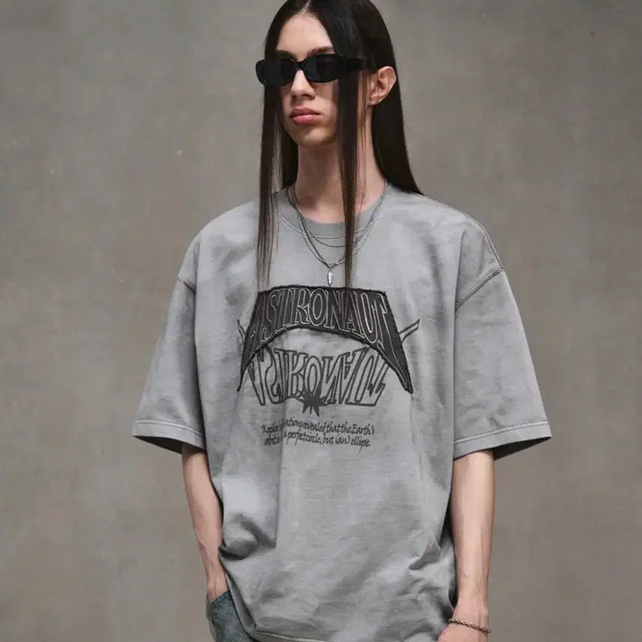 [BUNJANG] Elwood Patchwork Pigment Dyed Half T-Shirt - Ice Grey / 엘무드 ASTRO 패치워크 피그다잉 하프 티셔츠 아이스 그레이