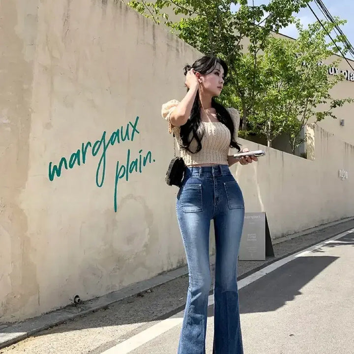 [BUNJANG] ES Nine Pelvic Pad Denim Bootcut High-Waist Long Leg Pants / 새상품 에스나인 골반패드 데님 부츠컷 하이웨스트 롱레그 바지