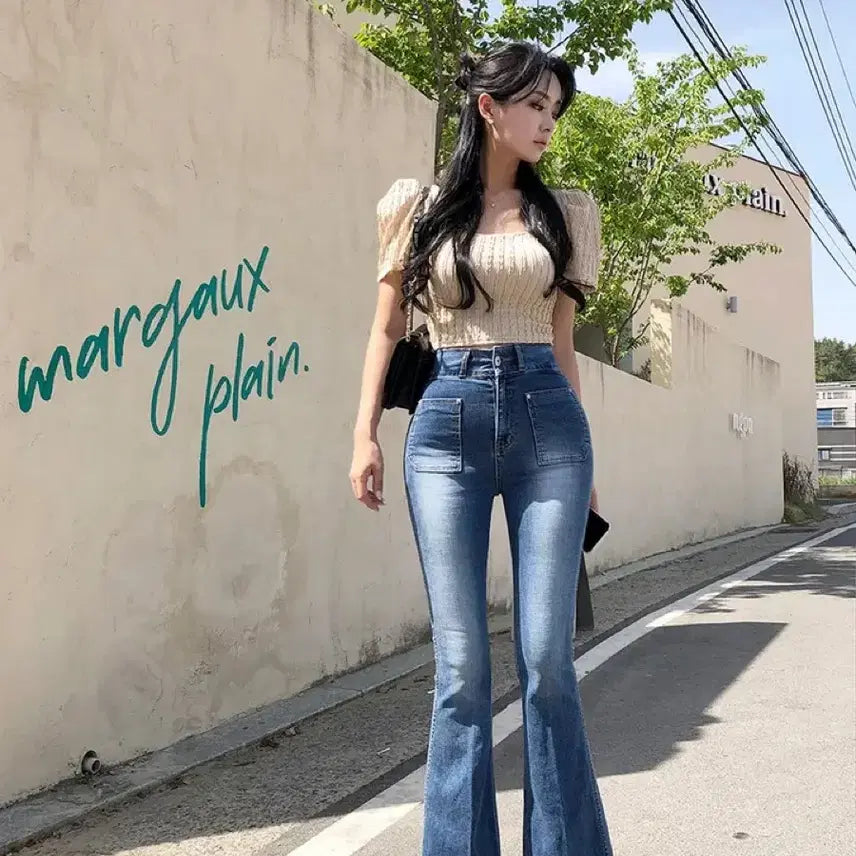 [BUNJANG] ES Nine Pelvic Pad Denim Bootcut High-Waist Long Leg Pants / 새상품 에스나인 골반패드 데님 부츠컷 하이웨스트 롱레그 바지