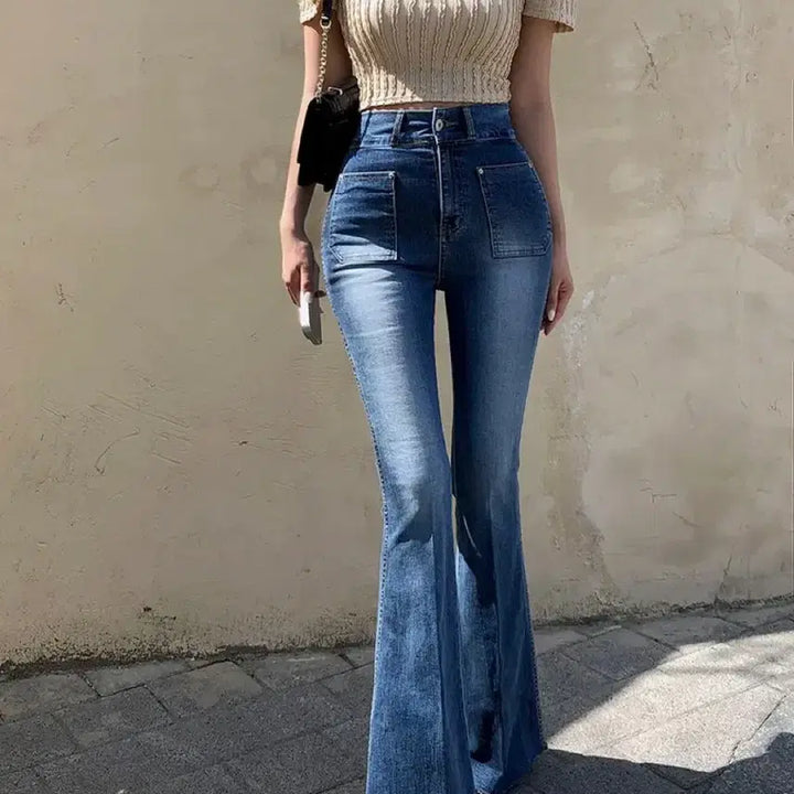 [BUNJANG] ES Nine Pelvic Pad Denim Bootcut High-Waist Long Leg Pants / 새상품 에스나인 골반패드 데님 부츠컷 하이웨스트 롱레그 바지