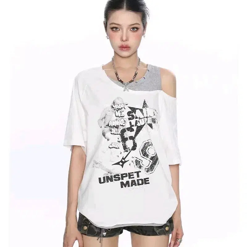 [BUNJANG] Off-Shoulder White T-Shirt Y2K Style Short Sleeve Top for Dance / 오프숄더 티셔츠 y2k 화이트 반팔티 어깨트임 티셔츠 줌바댄스 방송댄스복