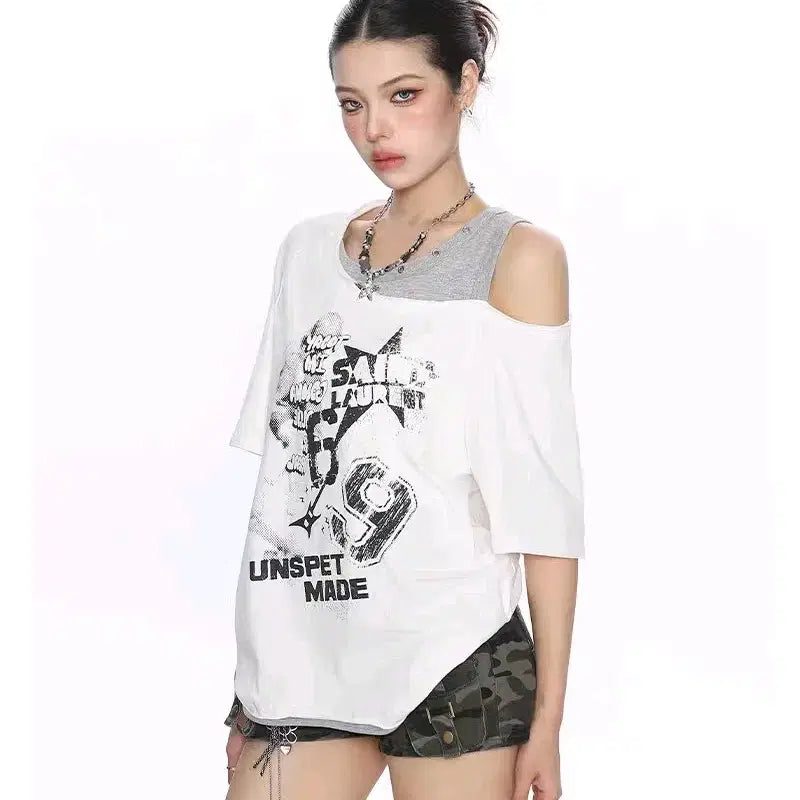 [BUNJANG] Off-Shoulder White T-Shirt Y2K Style Short Sleeve Top for Dance / 오프숄더 티셔츠 y2k 화이트 반팔티 어깨트임 티셔츠 줌바댄스 방송댄스복