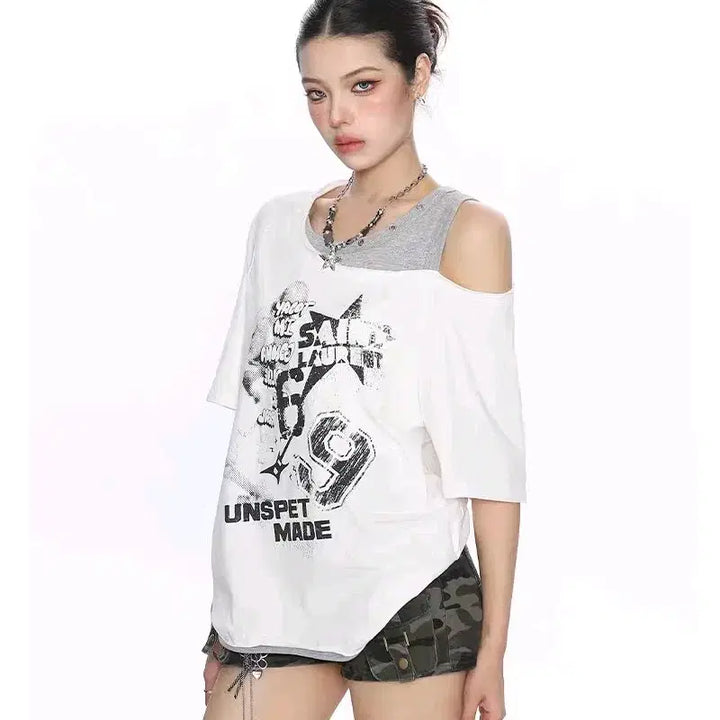 [BUNJANG] Off-Shoulder White T-Shirt Y2K Style Short Sleeve Top for Dance / 오프숄더 티셔츠 y2k 화이트 반팔티 어깨트임 티셔츠 줌바댄스 방송댄스복