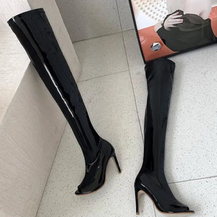 [BUNJANG] Black Leather Open-Toe Thigh-High Heel (7cm Heel) / 블랙 오픈토 힐 싸이힐 가죽