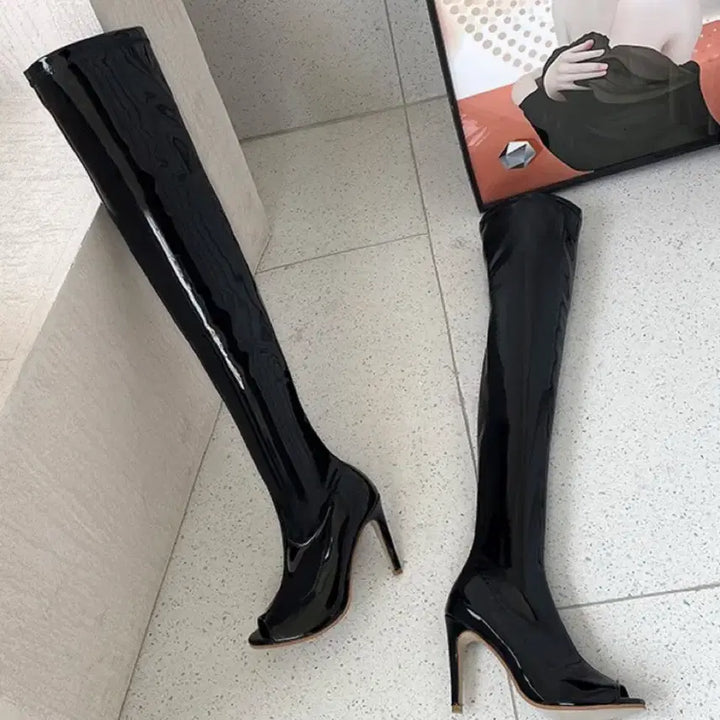 [BUNJANG] Black Leather Open-Toe Thigh-High Heel (7cm Heel) / 블랙 오픈토 힐 싸이힐 가죽