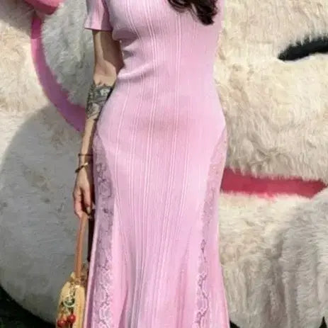 [BUNJANG] Pink Lace Detail Knit Long Dress / 핑크 레이스 포인트 니트 롱 원피스