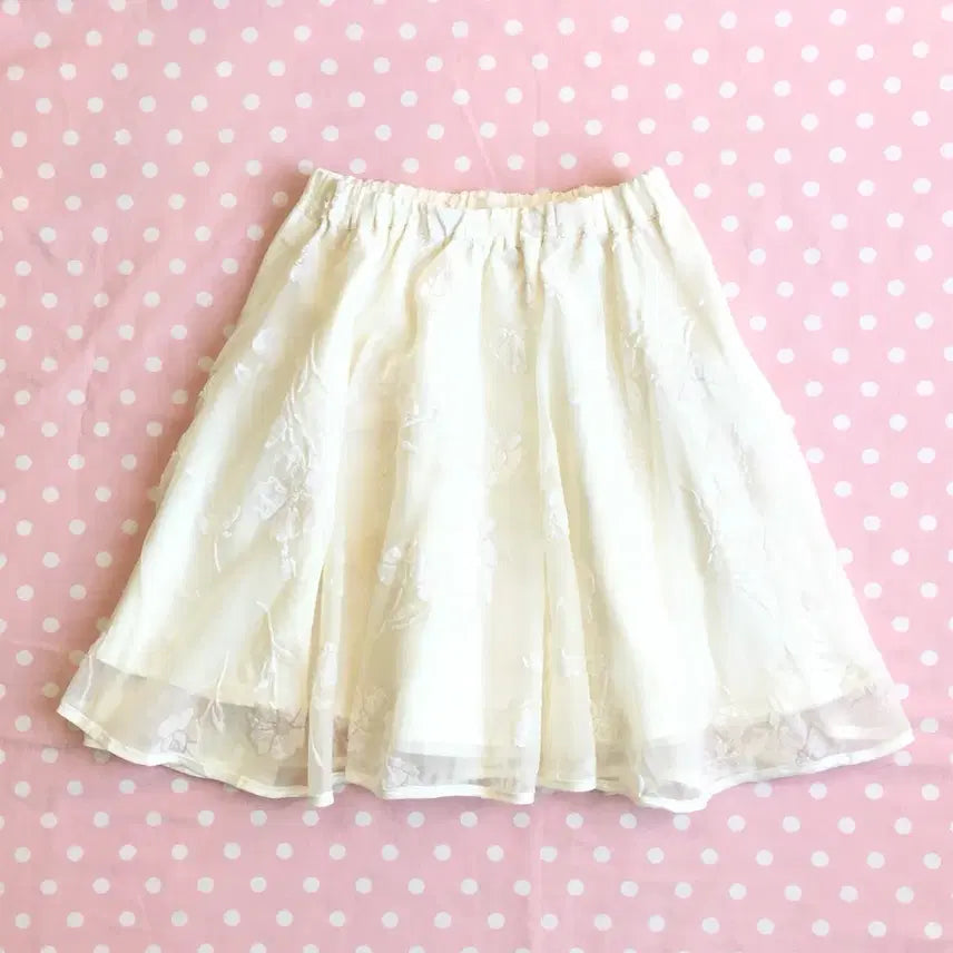 [BUNJANG] Ivory Floral Embroidered Chiffon Layered Skirt / JPN/ 아이보리 꽃 자수 쉬폰 스커트 레이어드스커트