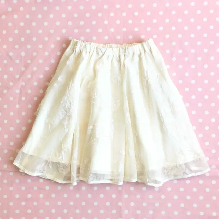 [BUNJANG] Ivory Floral Embroidered Chiffon Layered Skirt / JPN/ 아이보리 꽃 자수 쉬폰 스커트 레이어드스커트