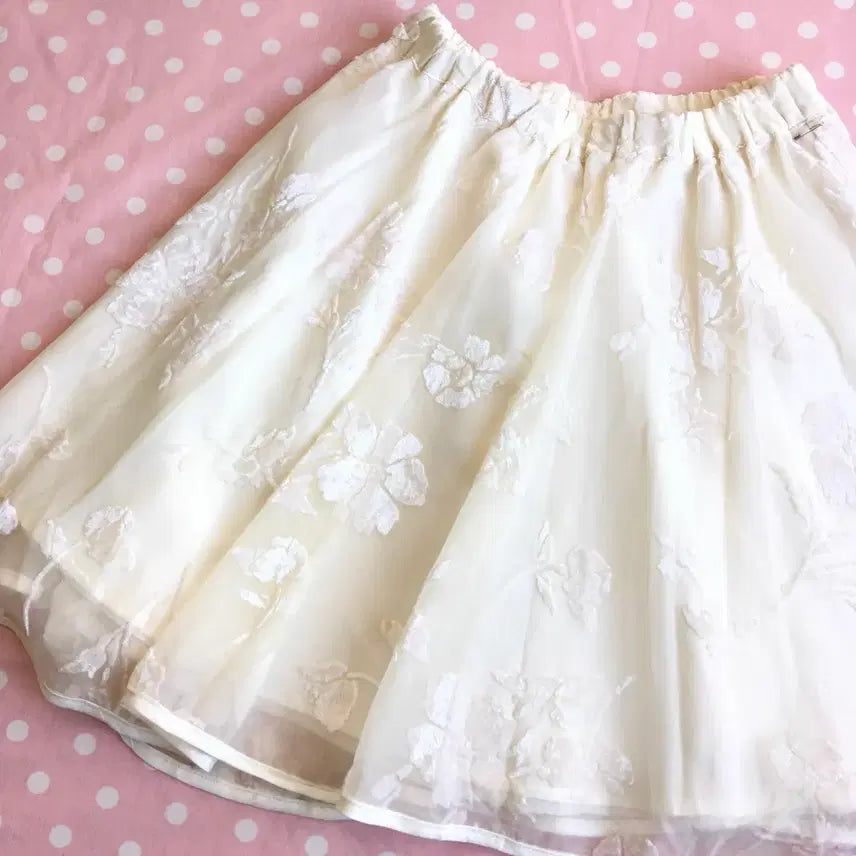 [BUNJANG] Ivory Floral Embroidered Chiffon Layered Skirt / JPN/ 아이보리 꽃 자수 쉬폰 스커트 레이어드스커트