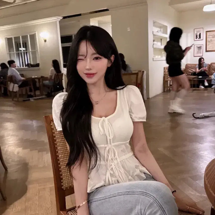 [BUNJANG] Three Ribbon Puff Frill Blouse T-Shirt / 여리룩/허리조절 쓰리 리본 퍼프 프릴 블라우스 티셔츠  새상품 포장그대로