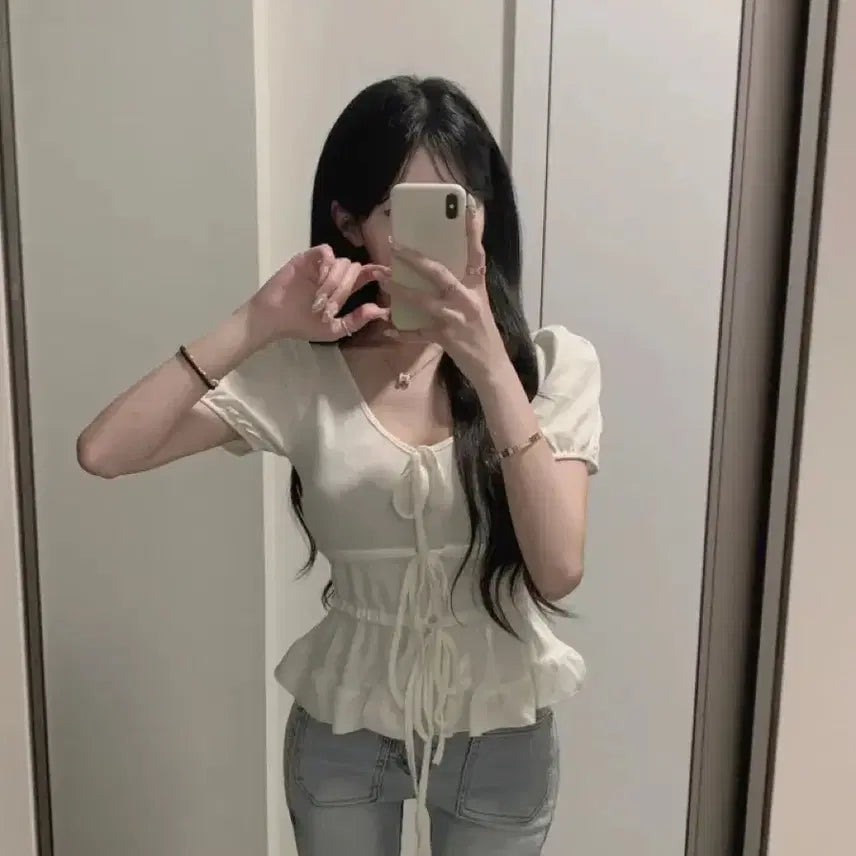[BUNJANG] Three Ribbon Puff Frill Blouse T-Shirt / 여리룩/허리조절 쓰리 리본 퍼프 프릴 블라우스 티셔츠  새상품 포장그대로