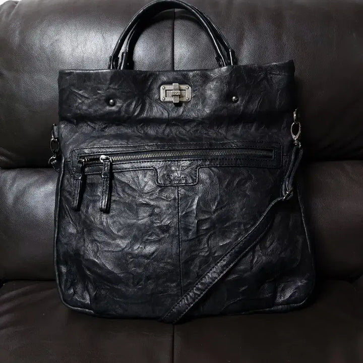 [BUNJANG] ENSOEN Black Leather Tote and Cross Bag / 엔소엔 블랙 레더 토트앤 크로스백