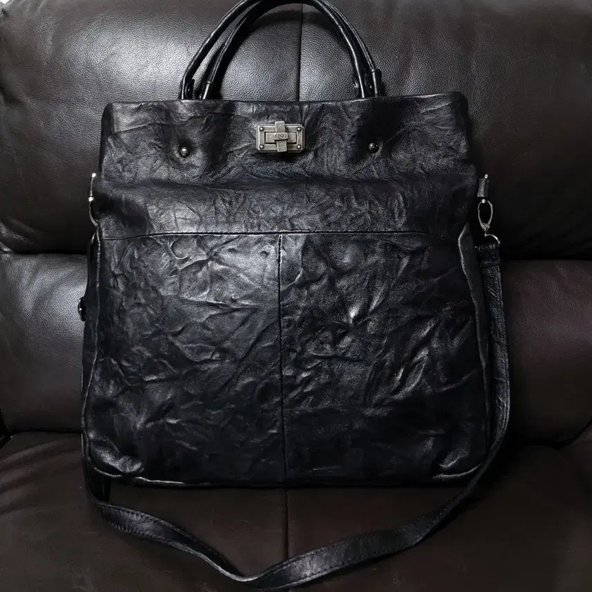 [BUNJANG] ENSOEN Black Leather Tote and Cross Bag / 엔소엔 블랙 레더 토트앤 크로스백