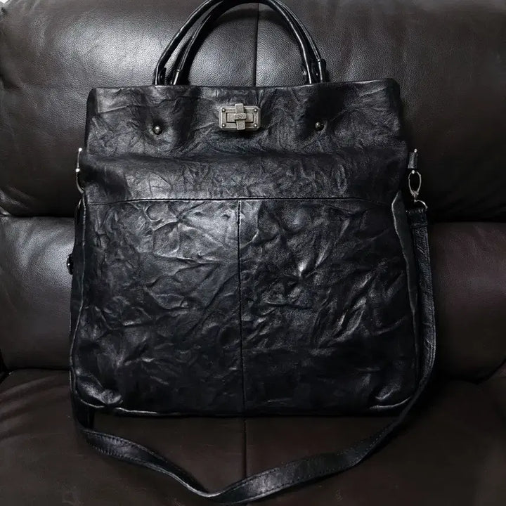[BUNJANG] ENSOEN Black Leather Tote and Cross Bag / 엔소엔 블랙 레더 토트앤 크로스백