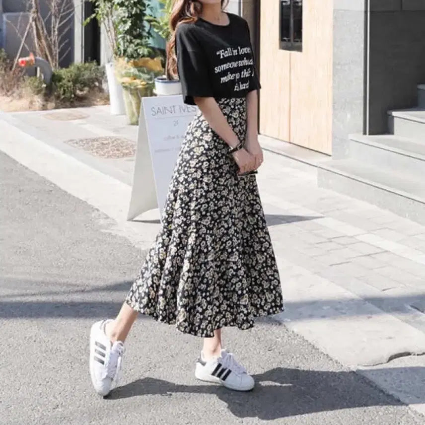 [BUNJANG] Flower Pattern Long Skirt / 플라워 패턴 롱 스커트