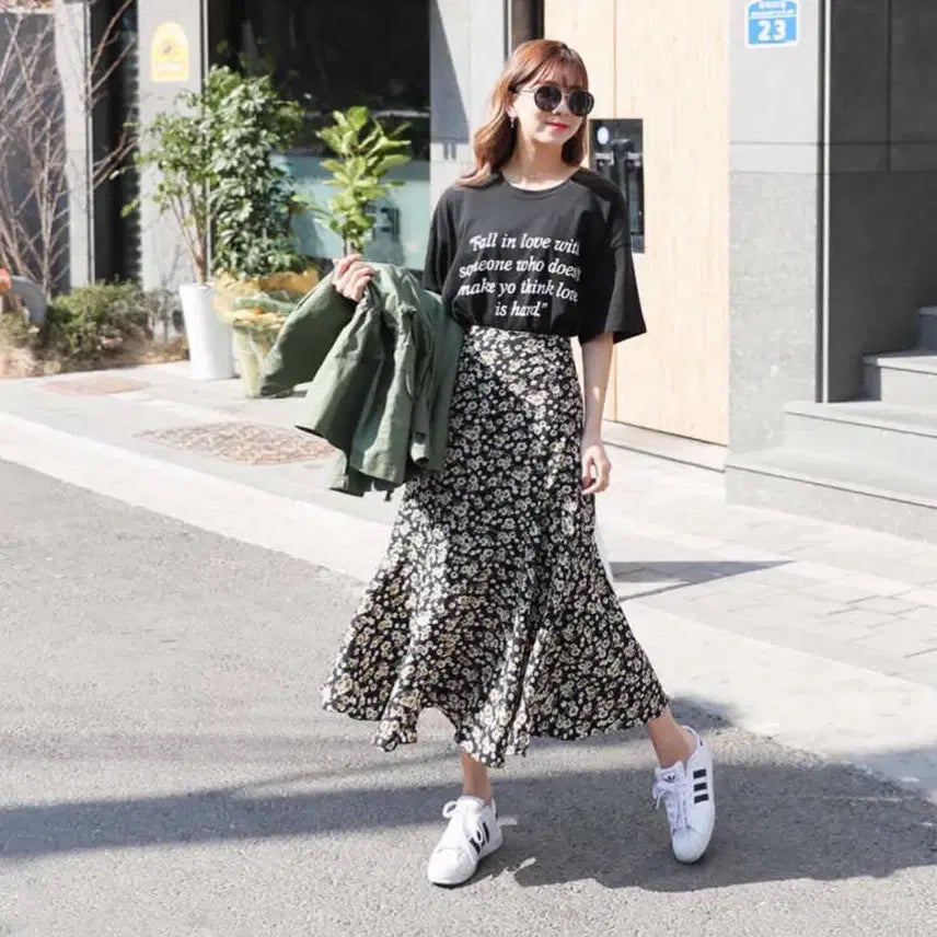 [BUNJANG] Flower Pattern Long Skirt / 플라워 패턴 롱 스커트