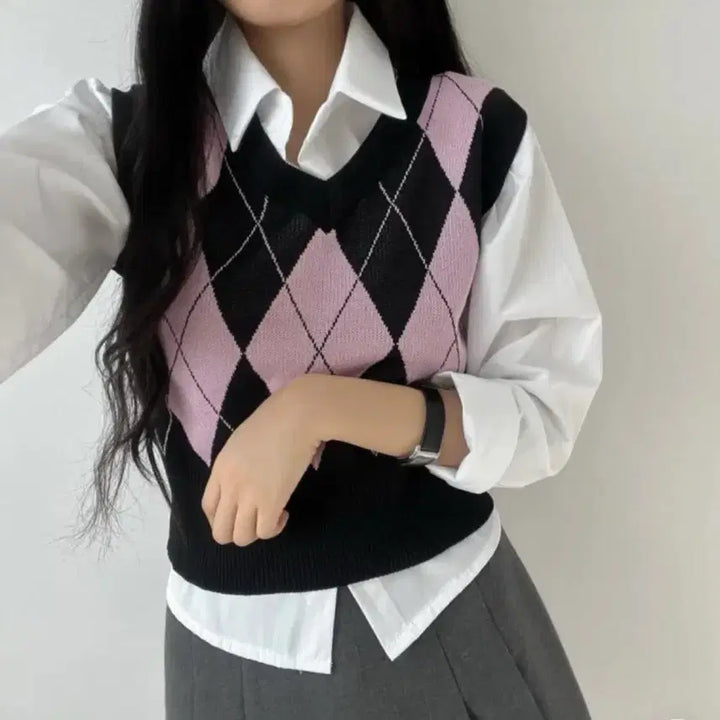 [BUNJANG] Blackpink Argyle Knit Vest / 블랙 핑크 아가일 니트 조끼