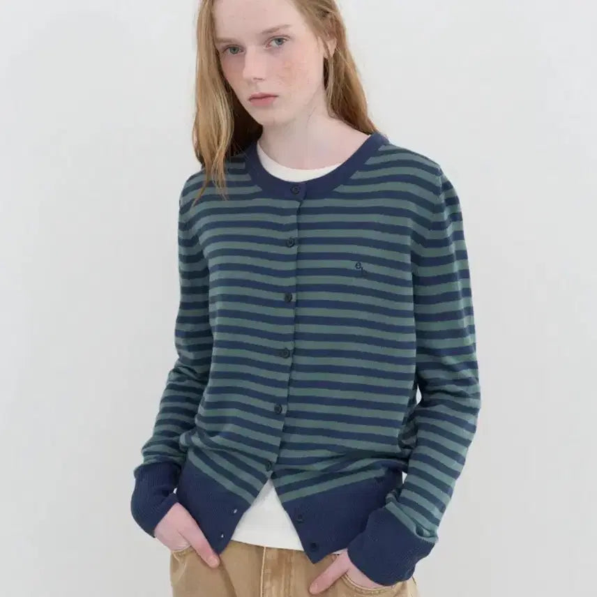 [BUNJANG] Enzo Blues Stripe Classic Cardigan (Green Stripe) / 엔조 블루스 스트라이프 클래식 가디건 (Green Stripe)