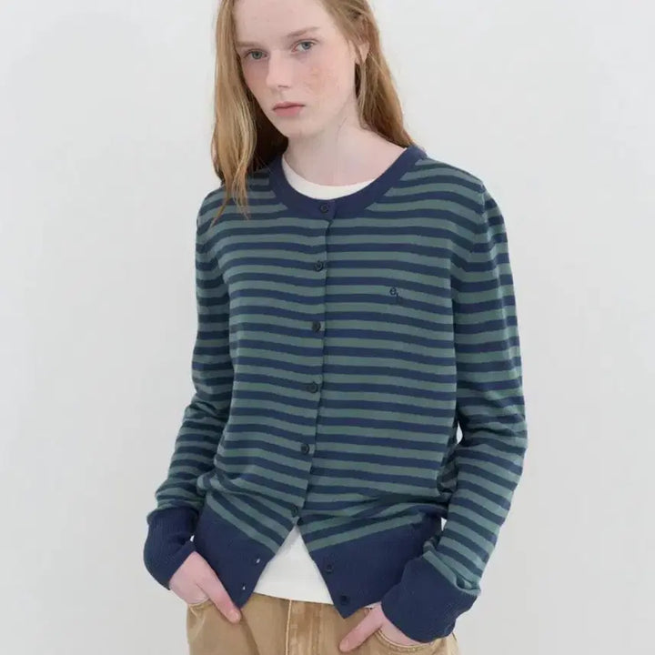 [BUNJANG] Enzo Blues Stripe Classic Cardigan (Green Stripe) / 엔조 블루스 스트라이프 클래식 가디건 (Green Stripe)