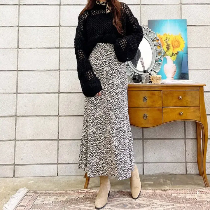 [BUNJANG] Leopard Pattern Long Flare Skirt / 레오파드 패턴 롱 스커트