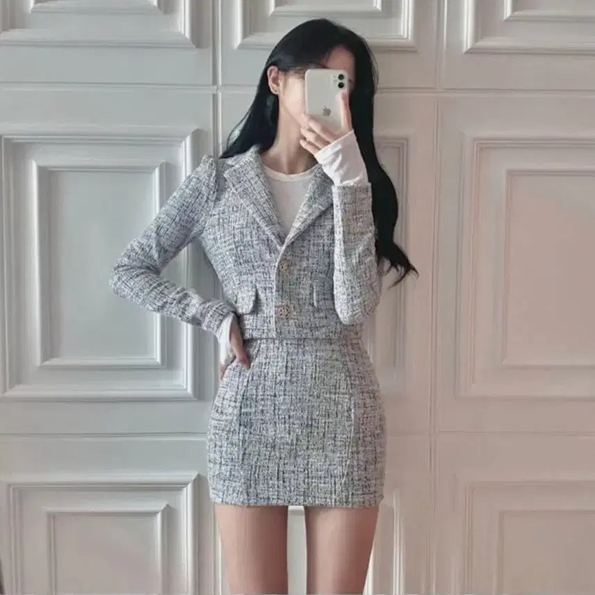 [BUNJANG] Bagel Glam Sexy Crop Mini Tweed Set / 베이글 글램 섹시 크롭 미니 트위드 세트 교신