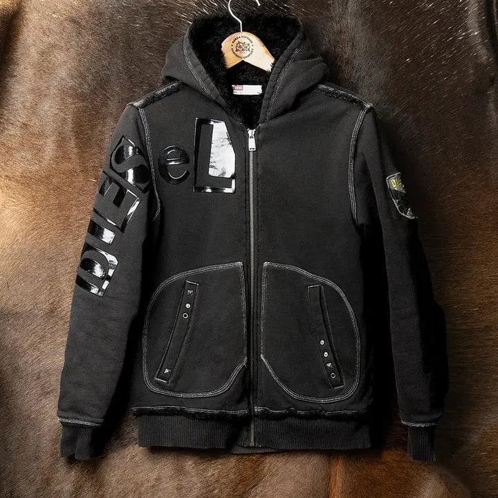 [BUNJANG] Diesel 90s-2000s Enamel Logo Boa Fleece Hooded Zip-Up Jacket / [90] 90s~ 디젤 에나멜 로고 보아 플리스 후드집업 블랙