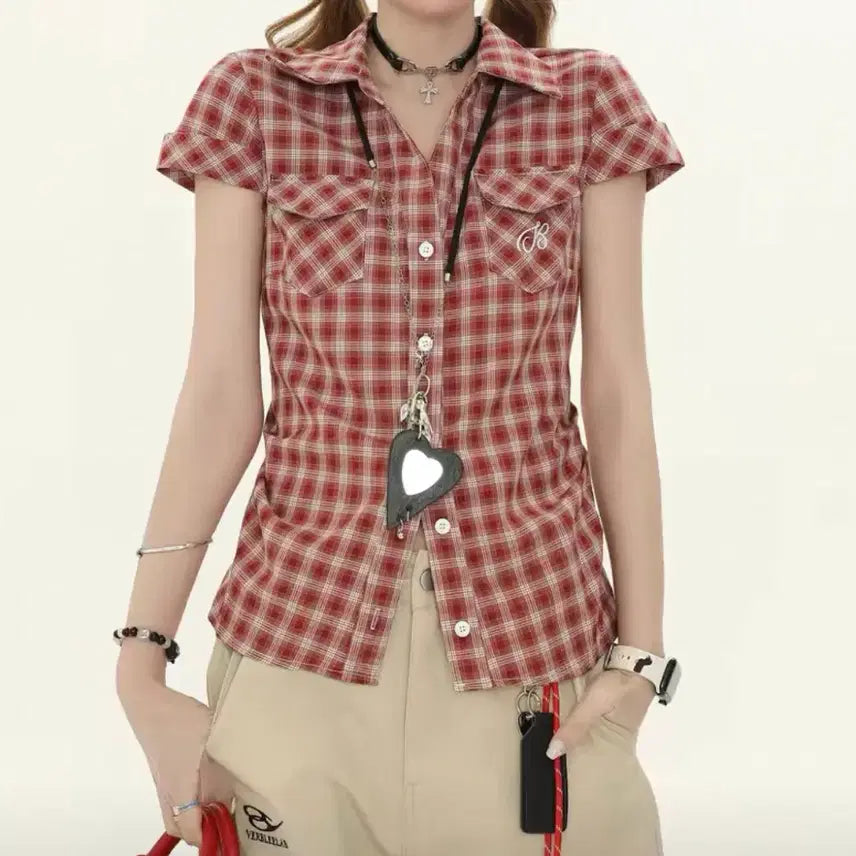 [BUNJANG] Red Check Short Sleeve Slim Fit Shirt - M / 레드 체크 반팔 슬림핏 셔츠 M