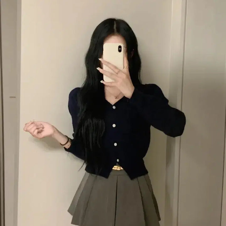 [BUNJANG] V-Neck Ribbed Knit Cropped Cardigan - Black / 가을필수템 브이넥 시보리 아방 니트 크롭 가디건 블랙컬러