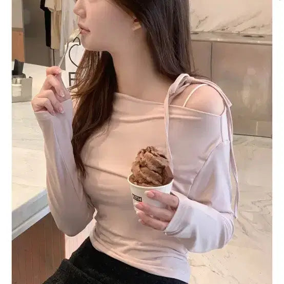 [BUNJANG] Zaenio Mochi Ribbon One-Shoulder Top Pink / 제니오 모찌 리본 원숄더 탑 핑크