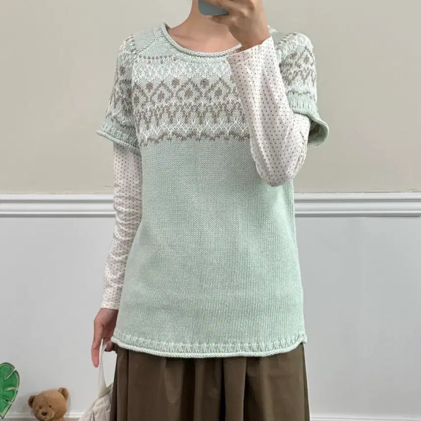 [BUNJANG] Vintage Mori Girl Mint Short Sleeve Knit / 빈티지 모리걸 민트 반팔 니트 카모메산장 모리노가토 지구네