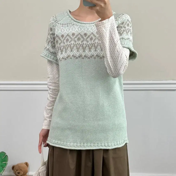 [BUNJANG] Vintage Mori Girl Mint Short Sleeve Knit / 빈티지 모리걸 민트 반팔 니트 카모메산장 모리노가토 지구네