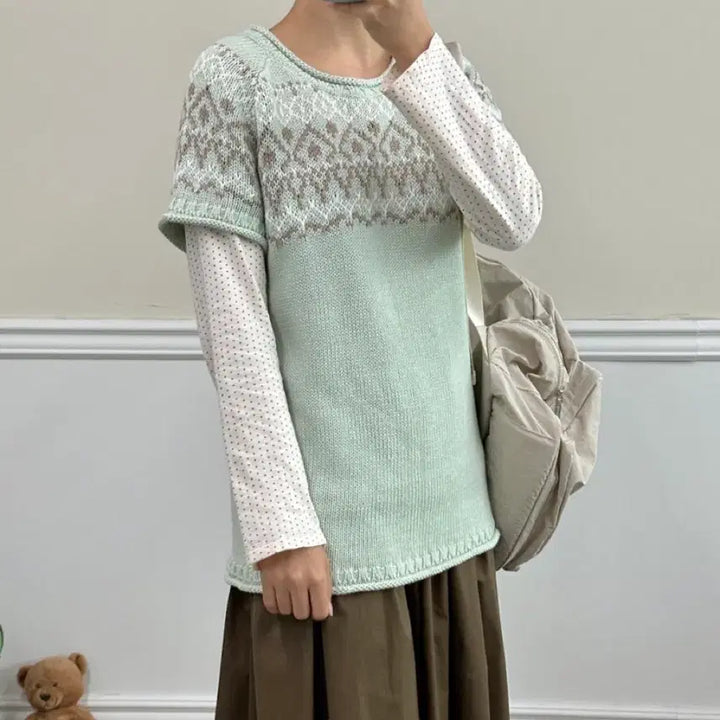 [BUNJANG] Vintage Mori Girl Mint Short Sleeve Knit / 빈티지 모리걸 민트 반팔 니트 카모메산장 모리노가토 지구네
