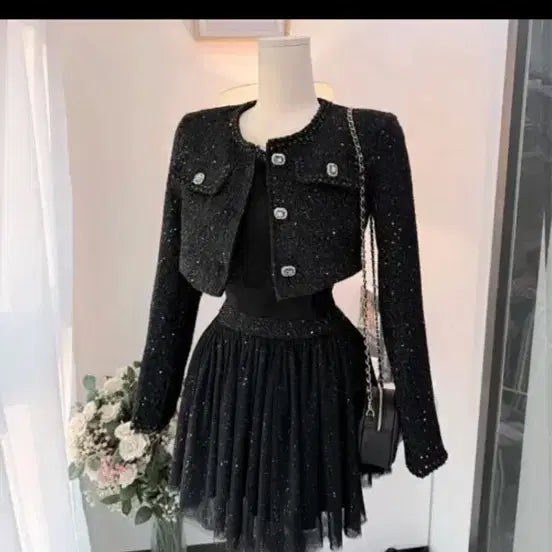 [BUNJANG] Black Pearl Tweed Jacket and Skirt Set / 에이블리 수입 블랙 펄 트위드 자켓 스커트 세트
