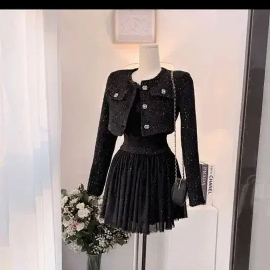 [BUNJANG] Black Pearl Tweed Jacket and Skirt Set / 에이블리 수입 블랙 펄 트위드 자켓 스커트 세트