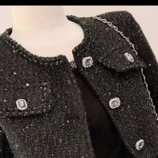[BUNJANG] Black Pearl Tweed Jacket and Skirt Set / 에이블리 수입 블랙 펄 트위드 자켓 스커트 세트