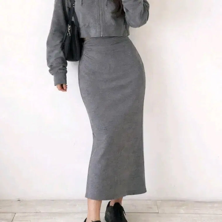 [BUNJANG] MilkCocoa Gray Cropped Hoodie &amp; Long Skirt Set / 밀크코코아 그레이 크롭 &amp; 롱스커트