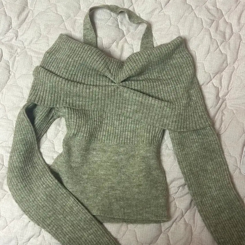 [BUNJANG] Off-Shoulder Knit Long-Sleeve T-Shirt / 오프숄더 니트 긴팔 티셔츠