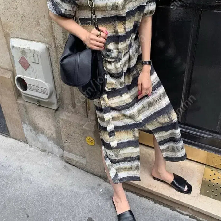 [BUNJANG] Matin Kim Striped Pattern Long Dress / 마땡킴 줄무늬 패턴 반팔 롱 원피스