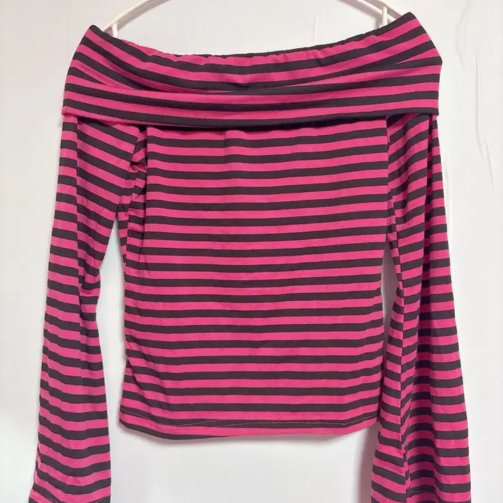 [BUNJANG] Off-Shoulder Hot Pink Striped Long-Sleeve T-Shirt / 옷장정리!!! 오프숄더 핫핑크 스트라이프 긴팔 티셔츠