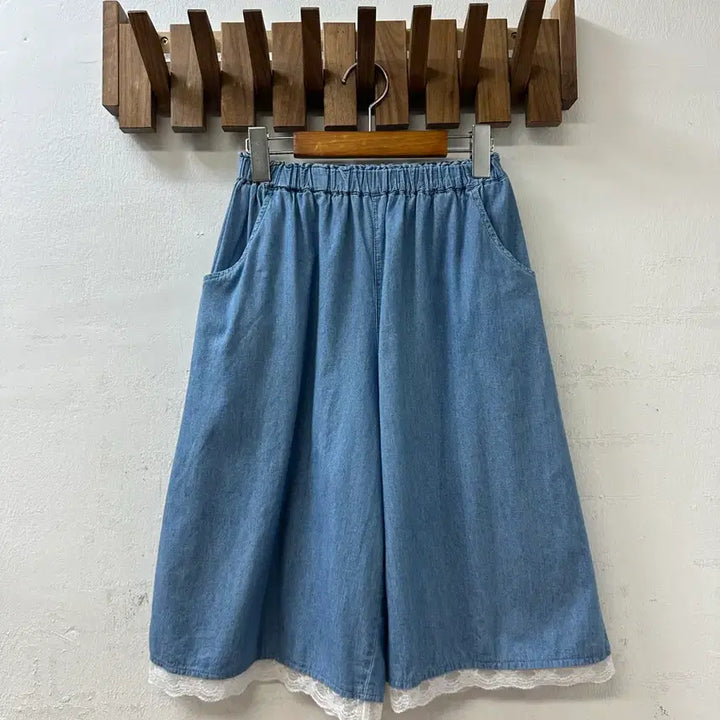 [BUNJANG] Vintage Lace Hem Wide Bermuda Shorts / 일본빈티지 라이트 데님 레이스 밑단 밴딩 와이드 버뮤다 팬츠