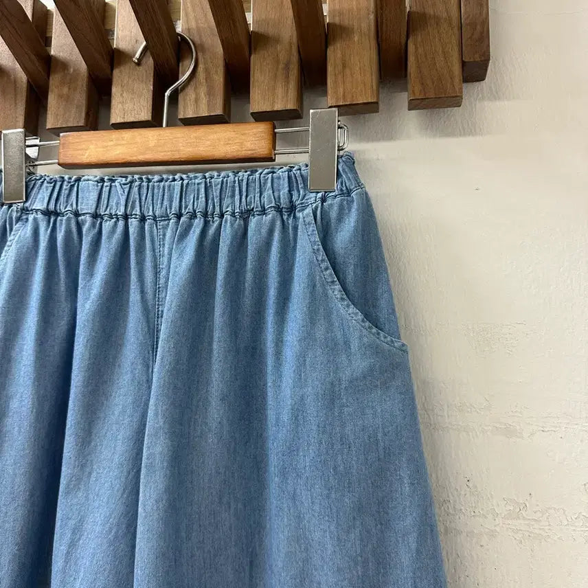 [BUNJANG] Vintage Lace Hem Wide Bermuda Shorts / 일본빈티지 라이트 데님 레이스 밑단 밴딩 와이드 버뮤다 팬츠