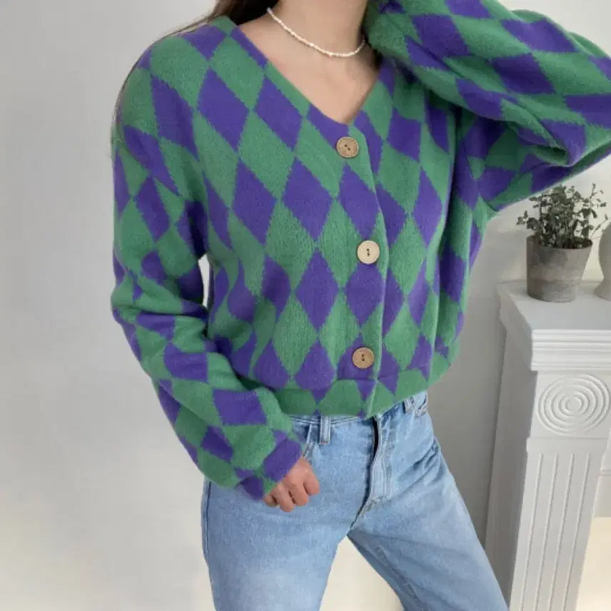 [BUNJANG] Argyle Check Knit Cardigan / 옷장정리!!! 아가일 체크 니트 가디건 3만원대
