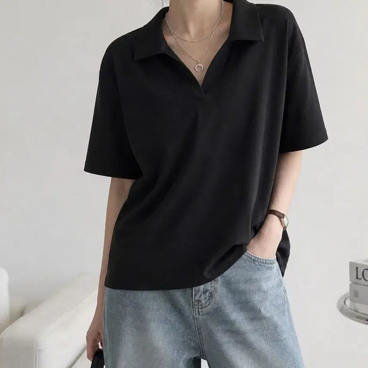[BUNJANG] Black Short Sleeve Collar T-Shirt / 새상품 반팔 카라넥 블랙 티셔츠