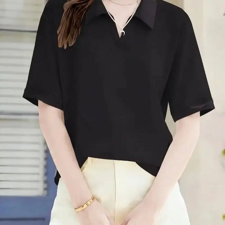 [BUNJANG] Black Short Sleeve Collar T-Shirt / 새상품 반팔 카라넥 블랙 티셔츠