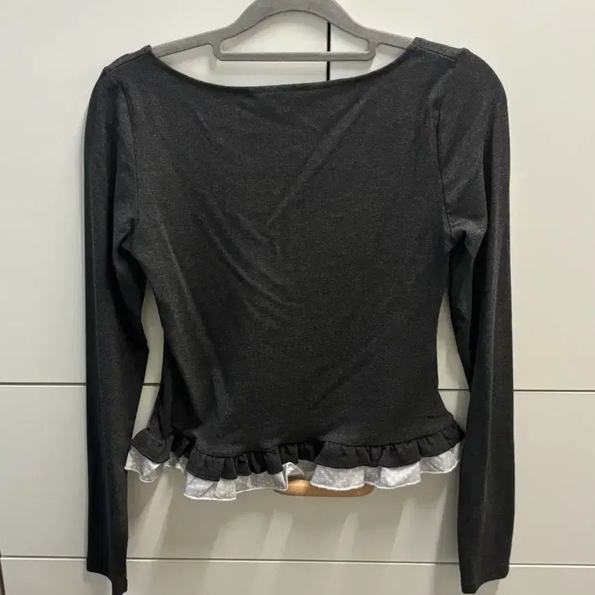 [BUNJANG] Ribbon Frill Square Neck T-Shirt - Charcoal / 리본 프릴 스퀘어넥 티셔츠 차콜
