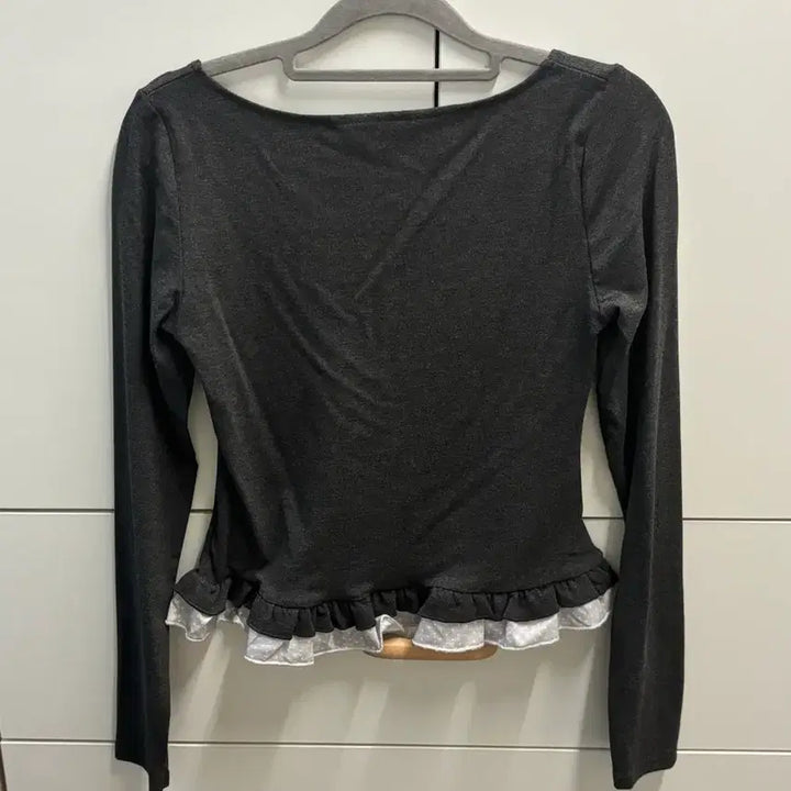 [BUNJANG] Ribbon Frill Square Neck T-Shirt - Charcoal / 리본 프릴 스퀘어넥 티셔츠 차콜